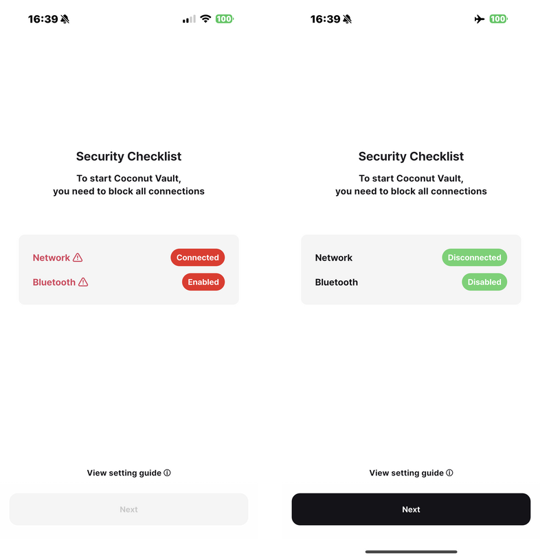 Coconut Vault security checklist before and after external connections are disabled