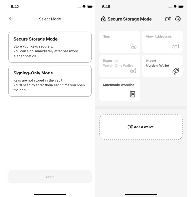 Vault mode selection and secure storage home screens
