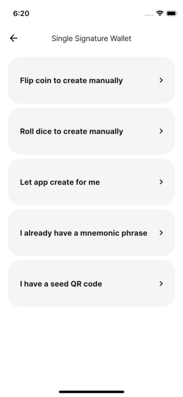Single-signature wallet creation method selection screen