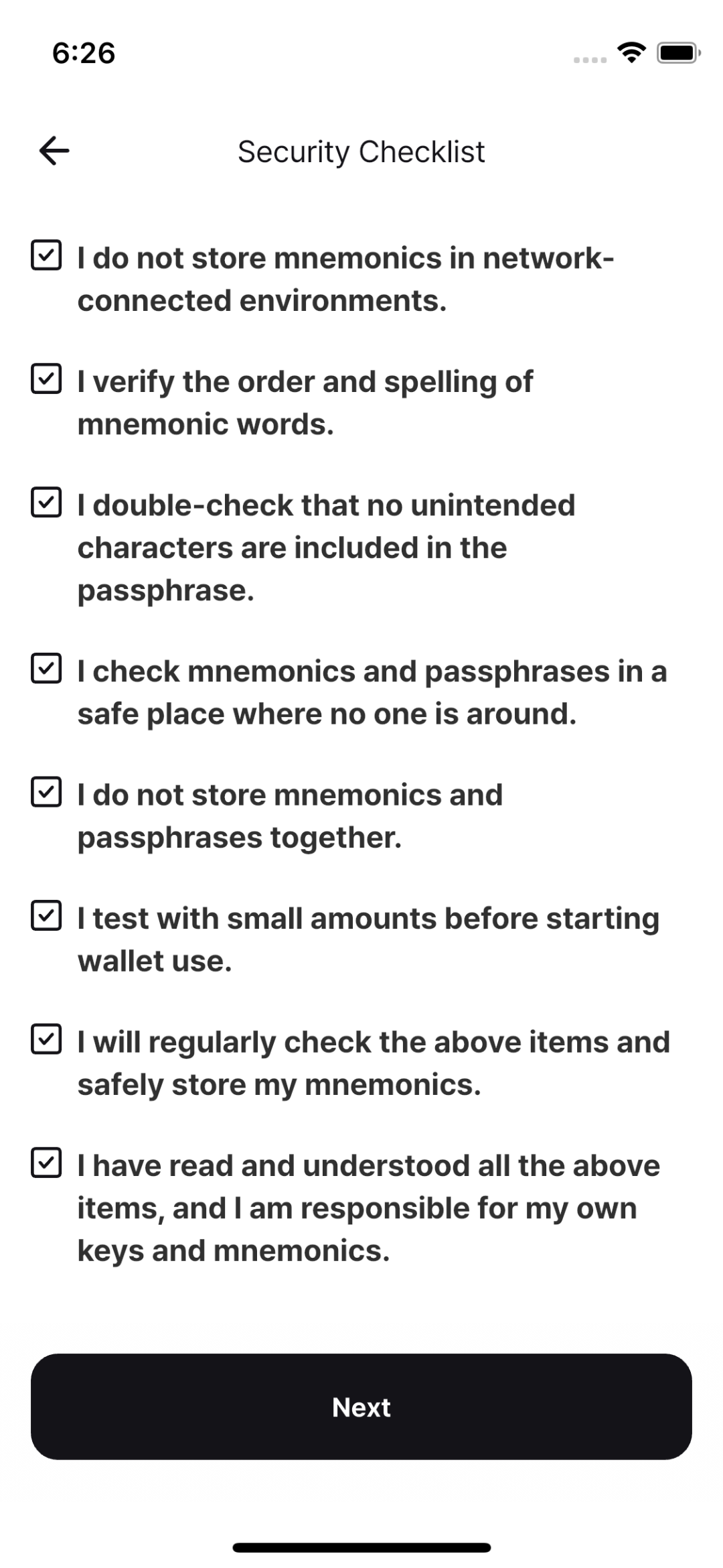 Completed security checklist with Next enabled