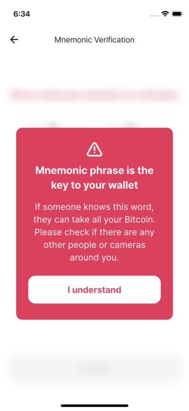 Mnemonic phrase security warning