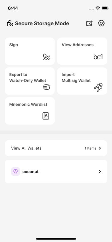 Newly created wallet displayed in Secure Storage Mode