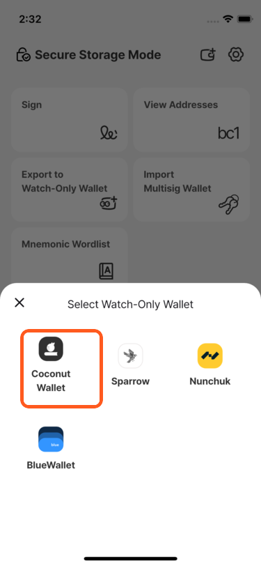 Select Coconut Wallet as the watch-only app