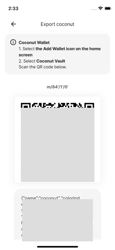 Wallet export QR code on Coconut Vault