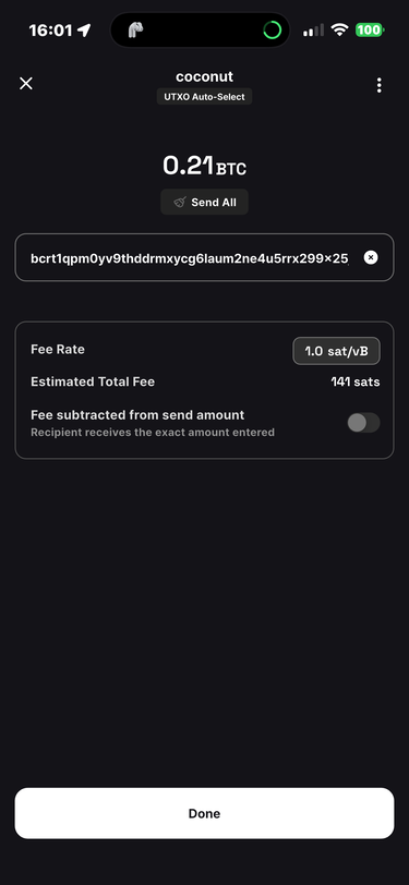 Enter a receiving address, amount, and fee rate