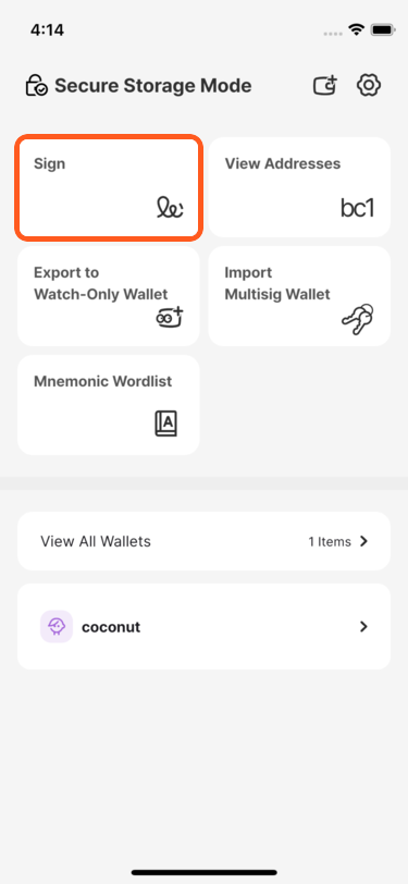Sign button on the Vault home screen