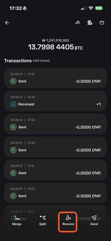 Receive button in wallet details