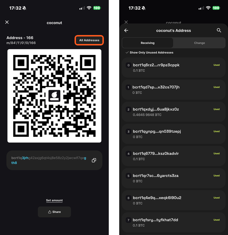 List of wallet addresses and usage status