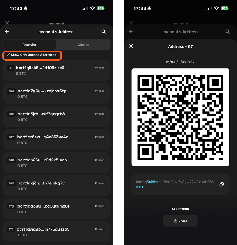 Selected address with QR code